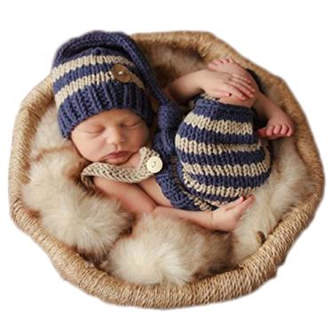 Imagem de Adereços para fotografia de bebês recém-nascidos para meninos e meninas, acessórios para sessão de fotos, roupas de crochê tricotadas, unissex, fofo, calça de chapéu infantil, Listra dois, 0-3 months