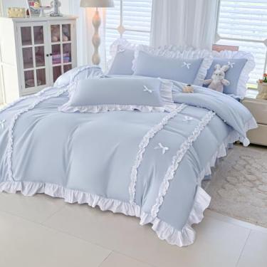 Imagem de IHOUSTRIY Capa de edredom azul tamanho casal, conjunto de capa de edredom com laço fofo com fecho de zíper, conjunto de cama de microfibra macia com babados brancos com 4 laços (201 x 228 cm, 2