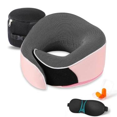 Imagem de UBEUONLY Travesseiro de pescoço para viagem, suporte de queixo, ajustável, almofada de espuma viscoelástica 100% pura para casa, aviões e carro, novo design ergonômico, máscara macia para dormir (rosa