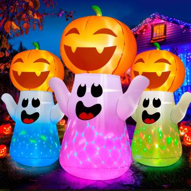 Imagem de zukakii Decorações de Halloween Fantasma e Abóbora Inflável 1,5 M com Rotação 360° e Luzes LED Coloridas Mágicas, Decoração Bonita Explosiva para Interior e Exterior