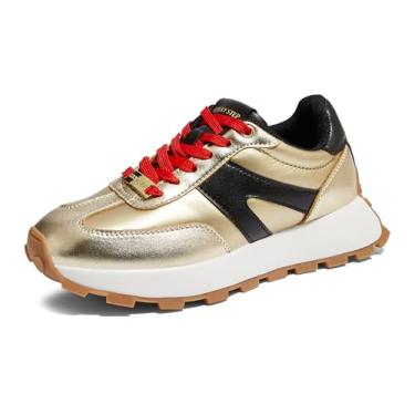 Imagem de LUCKY STEP Tênis feminino estilo plataforma retrô clássico tênis casual cadarço elegante tênis corrida caminhada, Dourado, 36