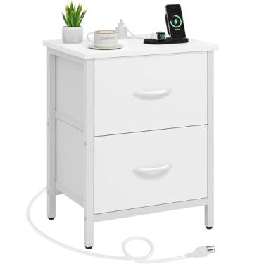 Imagem de Vagusicc Mesa de cabeceira com estação de carregamento, mesa de cabeceira com portas USB e tomada, mesa lateral com 2 gavetas de tecido para quarto, sala de estar, branca