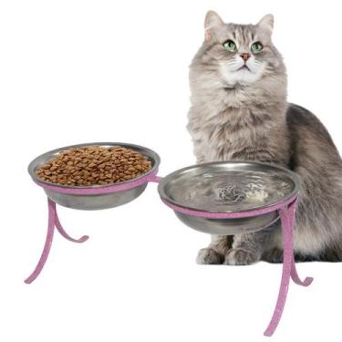 Imagem de Comedouro Alto Pet Inox para Gatos Duplo Ração Agua Rosa - Gastrobel