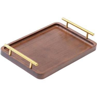 Imagem de Bandeja de Madeira com Alça em Metal Dourado para Servir 30x20cm - WAR