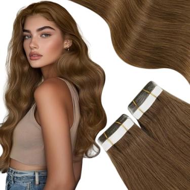 Imagem de Moresoo Extensões de cabelo marrom em extensões de cabelo humano castanho claro fita em cabelo humano real PU cola sem costura em extensões cabelo humano real 40 cm #8 20 peças 50 g