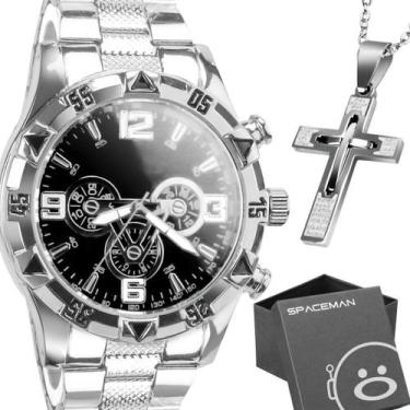 Imagem de Relógio Masculino Prata Aço Inox + Caixa + Cordão Crucifixo - Orizom