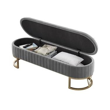 Imagem de Banco de armazenamento no final da cama, banco de armazenamento estofado com pernas de metal, banco de armazenamento moderno para sala de estar, entrada, banco de cama (cinza, pequeno)