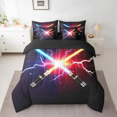 Imagem de Feelyou Jogo de cama King com estampa de sabre de luz em uma bolsa, 7 peças, edredom com edredom, fronhas, lençol de cima, lençol com elástico e fronhas para todas as estações