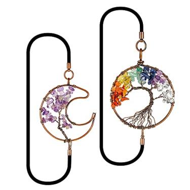 Imagem de Yoption Pacote Com 2 Marcadores Elásticos De Cristal 7 Chakras, Em Formato Árvore Da Vida E Lua, Cobre Antigo, Pedras Cura, Para Alunos, Professores, Formatura, Dia Das Mães, Presente Natal