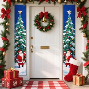 Imagem de Placa de alpendre de Natal, decoração de feliz Natal, banners de porta para pátio, capa de porta pendurada de Natal, decorações de férias de inverno, placas de quintal (Papai Noel, 11,8 L x 70,8 L")