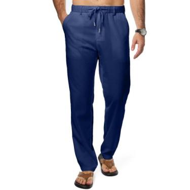 Imagem de Calças masculinas JMIERR, linho, elástico, cintura, cordão, azul marin