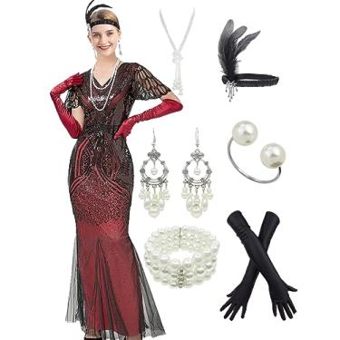 Imagem de Vestido longo de festa Gatsby melindrosa anos 1920, decote em V, lantejoulas, bainha sereia, coquetel, vestido maxi com conjunto de acessórios dos anos 20, Preto, vermelho, XX-Large