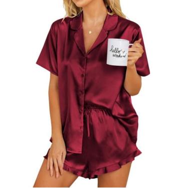 Imagem de Conjunto de pijamas Ekouaer Silk para mulheres com babados de botão ve