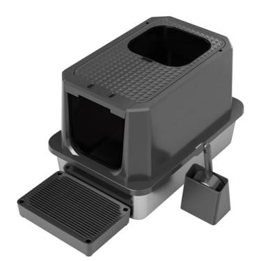 Imagem de RIZZARI Caixa de areia para gatos fechada: design grande anti-respingos de aço inoxidável - todo preto - para gatos bagunçados dentro de casa