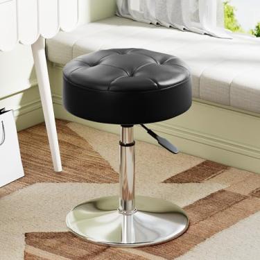 Imagem de Youtanic Cadeira Vanity com altura ajustável, banquinho otomano giratório de 360° de couro PU para adultos, cadeira redonda de maquiagem otomana com suporte estável para quarto, banheiro, dormitório