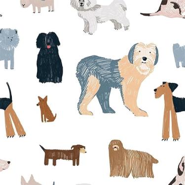 Imagem de Papel de parede bonito Coloful Dog Pet Branco Bege Peel and Stick Papel de parede de vinil vintage para quarto, banheiro, armário de cozinha, adequado para locatários