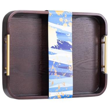 Imagem de Bandeja otomana de 43 x 33 cm, bandeja de servir de madeira de acácia com alças de metal, bandeja decorativa grande de madeira para otomano, bandeja de mesa de café marrom, bandejas de alimentos e