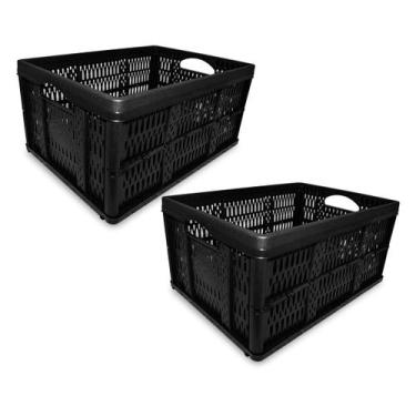 Imagem de 2 Caixa Caixote Plástico Dobrável Desmontável 32L Preta 10kg - INJEPLA
