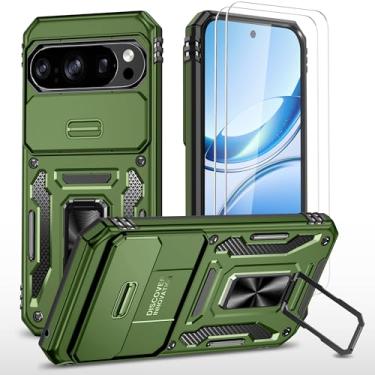 Imagem de Capa para Google Pixel 10/10 Pro com capa deslizante para câmera + protetor de tela (2 pacotes), suporte de anel rotacionado, capa protetora à prova de choque de grau militar (verde oliva)