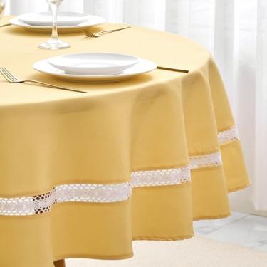 Imagem de EHouseHome Toalha de mesa de tecido resistente com renda branca à prova d'água/sem vincos/resistente a manchas/à prova de óleo para jantar, interior e exterior, casamento, férias, amarelo, redonda 177