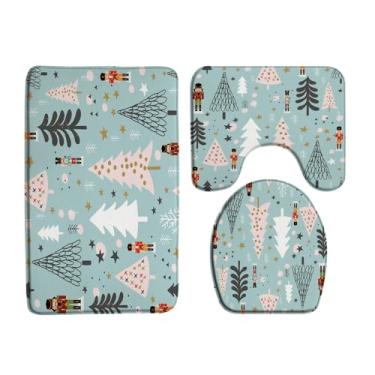 Imagem de JIRGIXA Conjunto de 3 peças de tapete de banho de Natal rosa branco cinza árvore de Natal floco de neve fofo desenho animado vintage férias de inverno Feliz Natal 45 x 75 cm tapete de banheiro