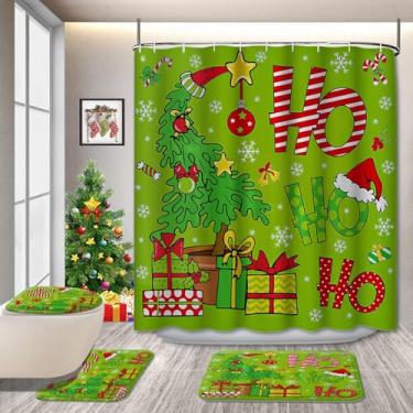 Imagem de Conjunto de decoração de banheiro de Natal com cortina de chuveiro, tapete, tampa de vaso sanitário e tapete - Design de boneco de neve e árvore - Conjunto de banheiro vermelho - Cortina de tecido