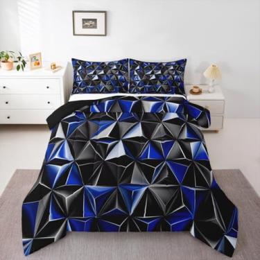 Imagem de Feelyou Conjunto de cama geométrico 3D macio para meninos e meninas, conjunto de edredom de arte moderna, tamanho solteiro, azul, geometria abstrata, edredom de microfibra, 2 peças com 1 fronha