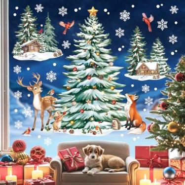 Imagem de decalmile Árvore de Natal dupla face adesivos de janela árvore de Natal floresta animais veado raposa anticolisão portas de vidro adesivos de janela decalques inverno casa festa