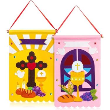 Imagem de Kit de faixa de primeira comunhão - Faça sua própria igreja de escola dominical suprimentos de artesanato para pendurar para meninos e meninas - cruz cristã de batismo, decorações artesanais faça você