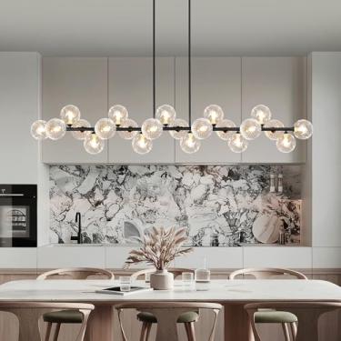 Imagem de Lzawvm Lustre Linear Moderno Para Sala De Jantar, Lustre Pendente Grande Sputnik De 70 Polegadas Para Ilha De Cozinha, Lustre Globo De Vidro Listrado Preto Transparente Para Sala De Estar, Bar De F