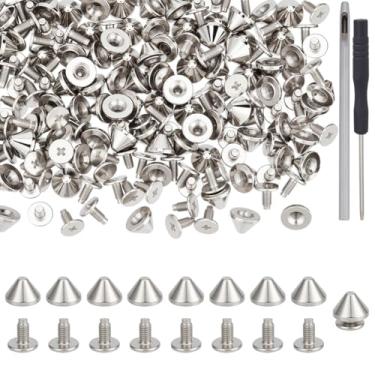 Imagem de OLYCRAFT Conjunto de 100 6 mm prata barril rebitado spikes studs spike cone studs Screw Back Punk Studs and spikes kit com 1 peça furador de furo e 1 peça de chave de fenda para artesanato em couro