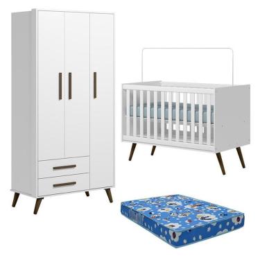 Imagem de Berço Americano 3820 E Guarda Roupa 3830 Q Encanto Retrô Branco Acetinado Com Colchão Tend Tudo - Qmovi