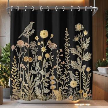 Imagem de Kanuyee Conjunto de cortina de chuveiro de pássaros silvestres, decoração de banheiro repelente à água com ganchos de plástico, decoração de casa de conto floral dourado 182 x 182 cm.