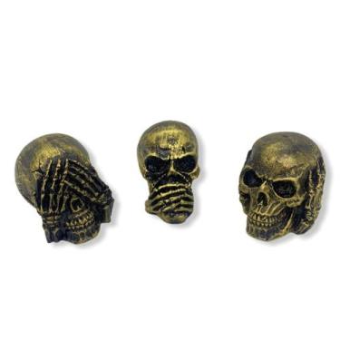 Imagem de Trio Cranio sentidos 6 cm dourado envelhecido em resina - proteção - L