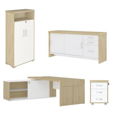 Imagem de Conjunto Escritório Home Office 4 Peças Mesa Diretor Corp A06 Carvalho/Branco - Mpozenato