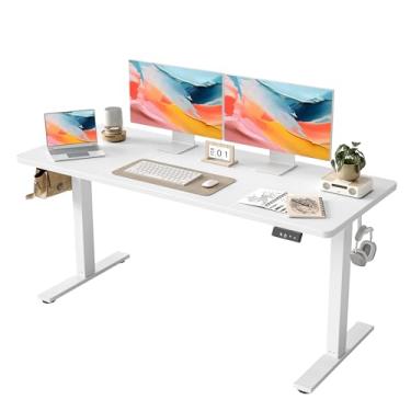 Imagem de TIQLAB Mesa de pé 160 x 61 cm, altura elétrica ajustável com placa de emenda, mesa de apoio, para escritório em casa, branca