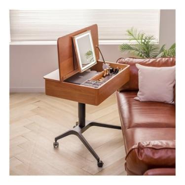 Imagem de Escrivaninha de penteadeira Mesa de toucador pequena com espelho e luzes flip top, penteadeira móvel, madeira cerejeira elevável para maquiagem