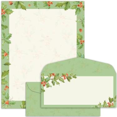 Imagem de Conjunto de 50 papéis timbrados de hera azevinho com envelopes, papel de papelaria de Natal para anotações, cartas para o Papai Noel, convites de azevinho, escritório, escola, 21 x 28 cm