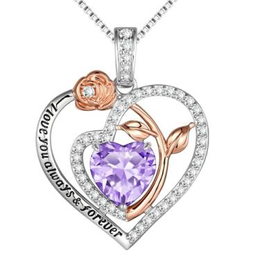 Imagem de Awinesn Colares de coração rosa para mulheres, pingente de pedra do mês de nascimento para mulheres, joias de aniversário, presentes de Natal para sua mãe, esposa, namorada, non, Cobre, Sem Pedra