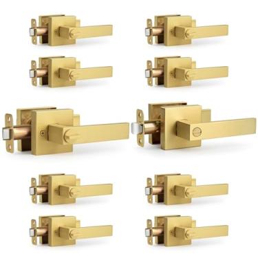 Imagem de LOQRON Pacote com 10 maçanetas de privacidade resistentes de ouro escovado com fechadura, maçaneta de porta interior de design quadrado sem chave, maçaneta reversível para fechadura de porta de quarto