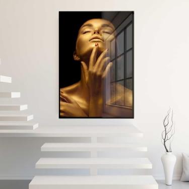 Imagem de Quadro Decorativo com Moldura e Acrilico Cristal Vidro Mulher Dourada Salão Sala Quarto Hall