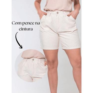Imagem de Short Bermuda Linho Feminino meia coxa Cintura Alta Com bolso na frent