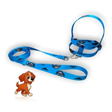 Imagem de Coleira Peitoral Lari Pet Com Guia Cães Seda Estampada N3, Azul