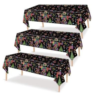 Imagem de Nanmuir Toalha de mesa neon para festa de Natal, preta com design de luz LED, 137 x 272 cm, pacote com 3, capa de mesa descartável para decoração festiva