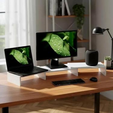 Imagem de Suporte de Mesa Base Elevada Ajustável 3 Monitores Gamer Notebook Branco