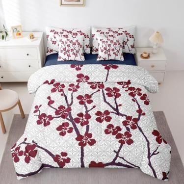 Imagem de Erosebridal Conjunto de edredom com 7 peças de flor de cerejeira em uma bolsa, conjunto de cama de flor de cerejeira japonesa para quarto de meninas e mulheres, edredom de colcha vermelho e cinza,