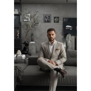 Imagem de Jordhan Alta Costura Poliviscose Bege  Terno Masculino Premium, Bege, 