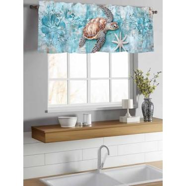 Imagem de Cortina de janela curta coral de tartarugas marinhas azuis com bolso para varão, decoração de janela de animal náutico para banheiro, sala de estar, quarto, 1 painel, 106,7 x 30,48 cm