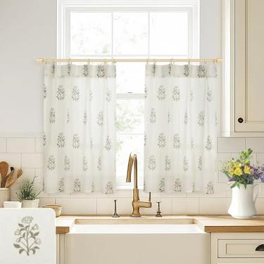 Imagem de Cortinas de cozinha Farmhouse 91 cm de comprimento, cortinas plissadas cafe beliscar, estampa em bloco acinzentado, moderno, neutro, floral, linho, transparente, cortina curta para janelas pequenas