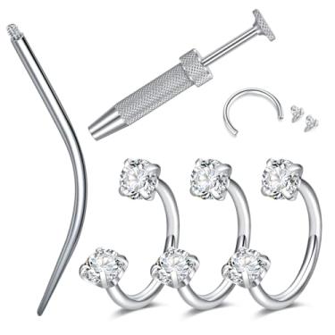 Imagem de LAURITAMI Piercing de nariz em ferradura de aço cirúrgico 18G, piercing de nariz de zircônia cúbica branca, anéis de nariz roscados internamente para mulheres, bola e afunilamento